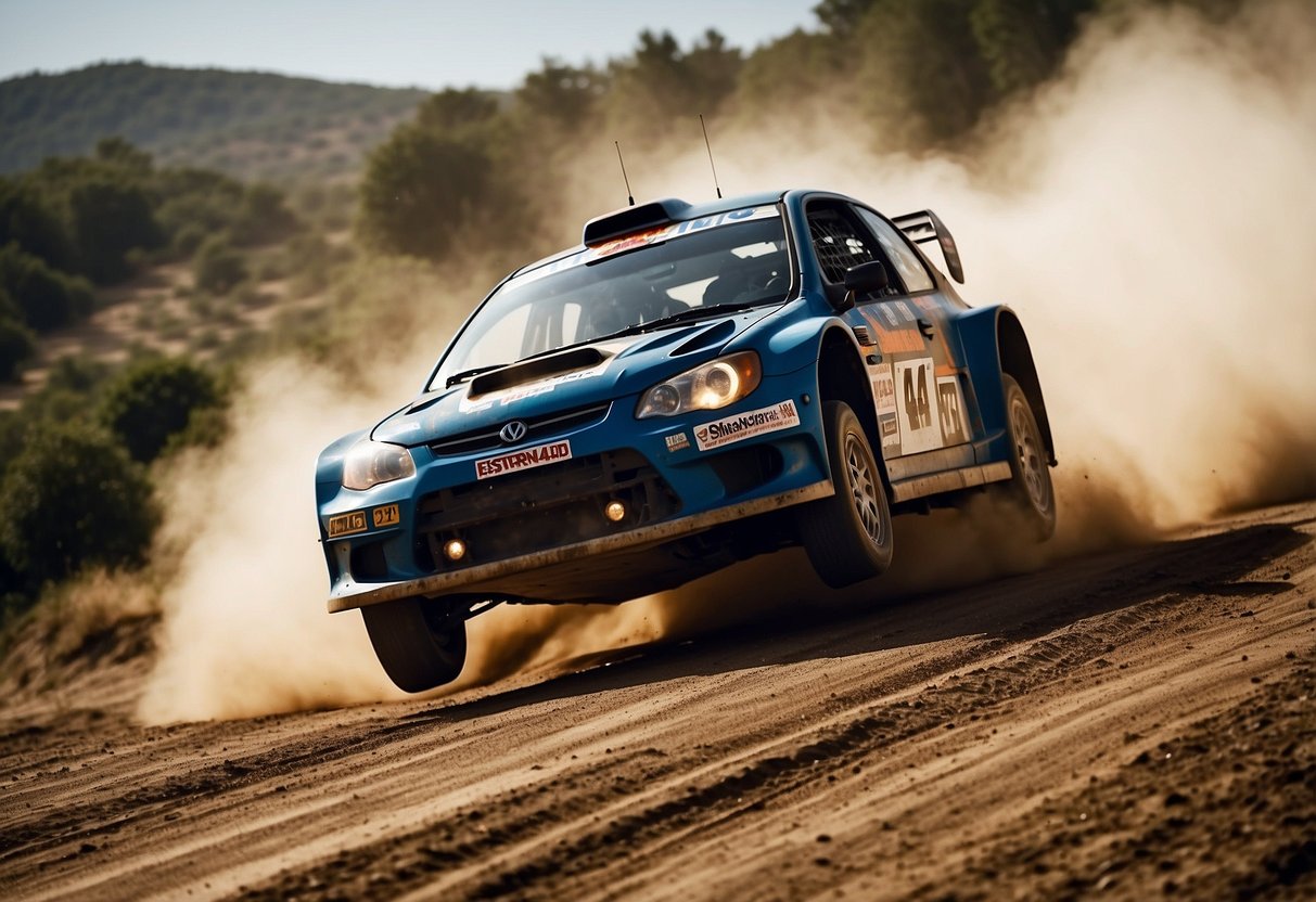 A rally car speeds through a dirt track, kicking up clouds of dust. The terrain is rough and uneven, with sharp turns and jumps. The driver skillfully navigates the obstacles, demonstrating rally racing techniques and strategies