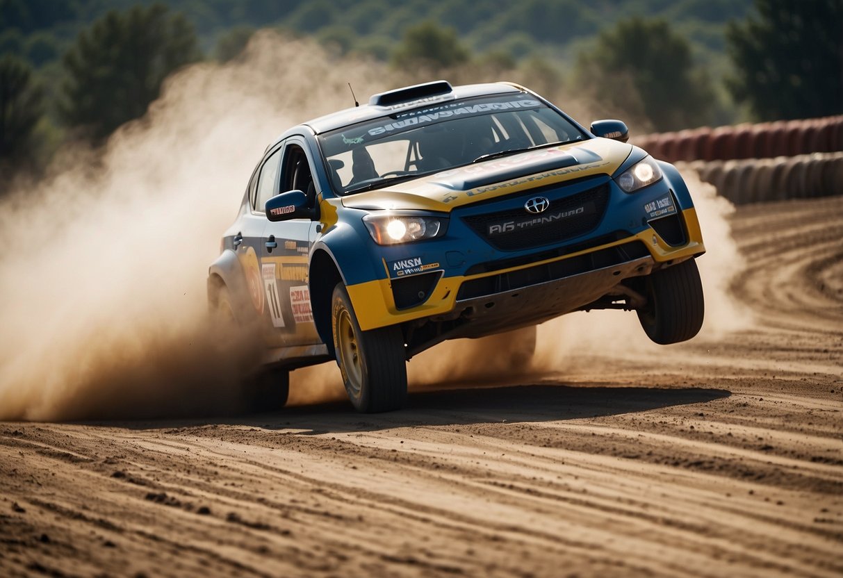 Cars racing on a dirt track, kicking up clouds of dust. Spectators cheer as the vehicles navigate sharp turns and jumps