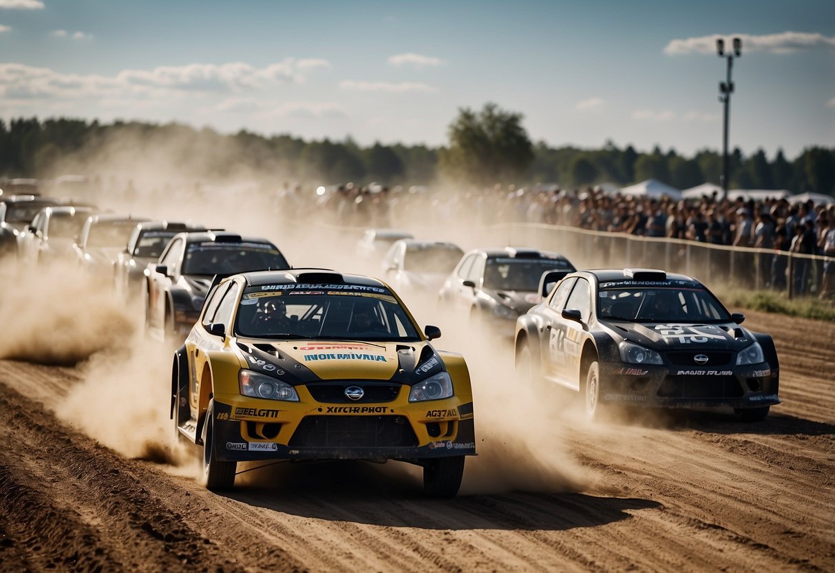 A lineup of RallyCross vehicles revving their engines on a dirt track, surrounded by cheering spectators and a cloud of dust