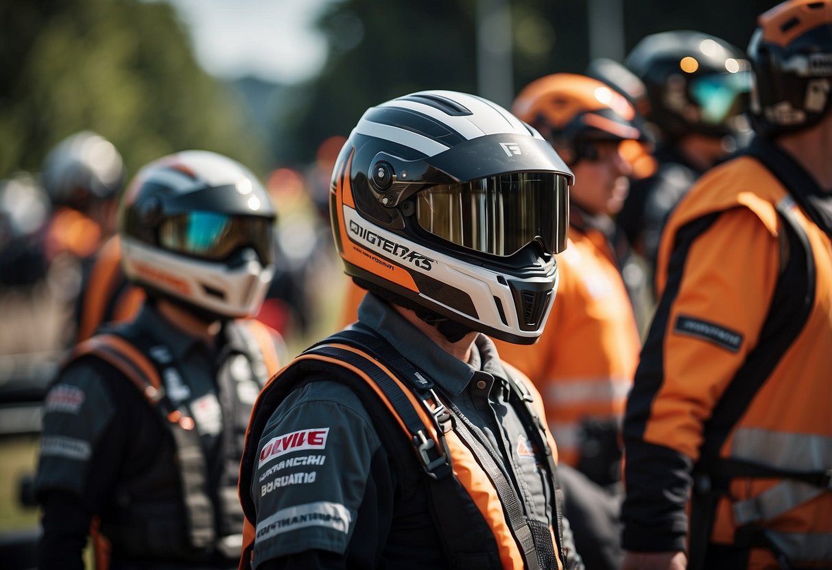 High-tech safety barriers line the rally racing track, while advanced helmet designs and impact-resistant gear are worn by drivers. Emergency response drones hover overhead, ready to assist in case of an accident