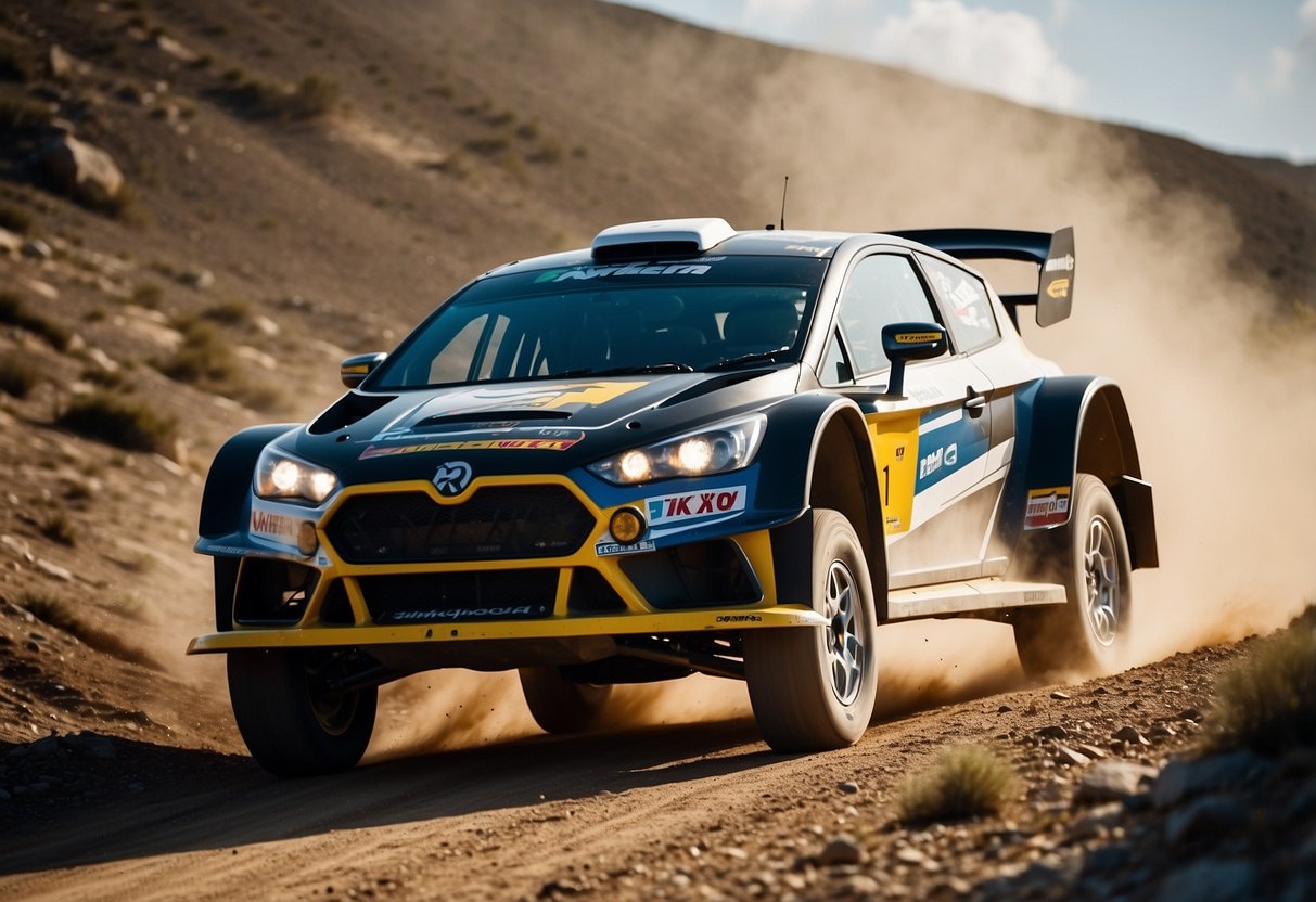 High-tech rally car equipped with advanced safety features races through rugged terrain, demonstrating improved vehicle technology in rally racing