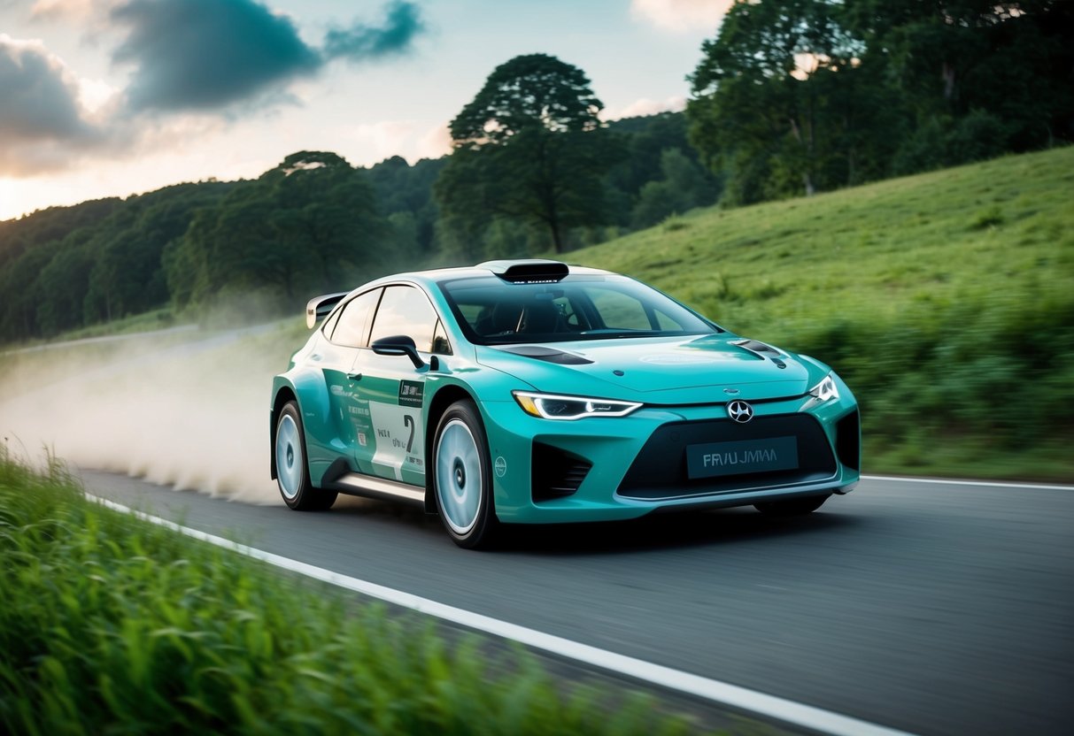 A futuristic rally car speeds through a lush, green landscape, powered by sleek, eco-friendly technology. The vehicle emits zero emissions, blending seamlessly with the natural surroundings