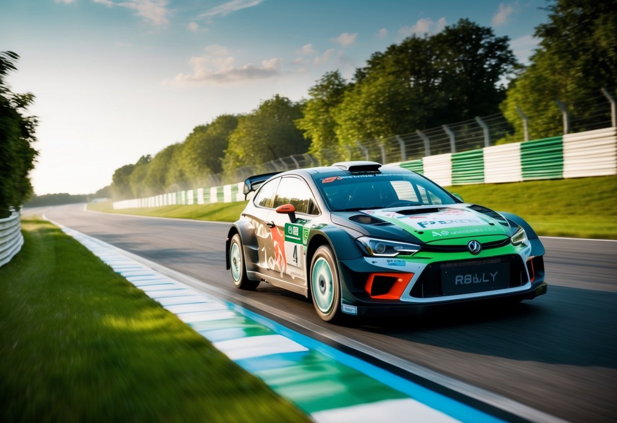 A rally car speeds through a futuristic track, surrounded by lush greenery and sustainable energy sources. Regulations are visible in the form of eco-friendly technology integrated into the vehicle