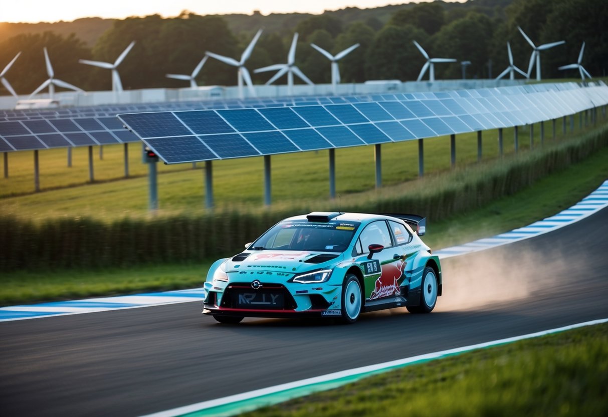 The rally car speeds through a futuristic track, surrounded by lush greenery and advanced eco-friendly technology. Solar panels and wind turbines line the course, showcasing the integration of sustainable energy sources in rally racing