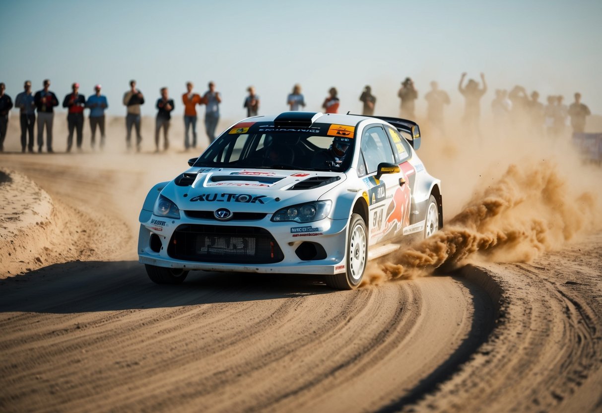 A rally car speeds through a dusty desert track, kicking up clouds of sand. A female driver confidently navigates sharp turns, surrounded by cheering spectators