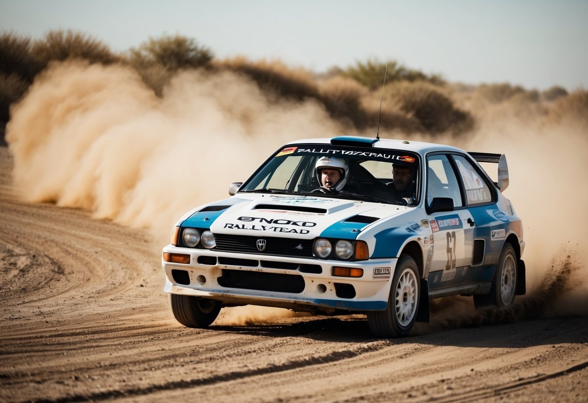 A rally car speeds through a dusty desert track, kicking up clouds of dirt. The driver, a woman, grips the wheel with determination, her eyes focused on the challenging course ahead