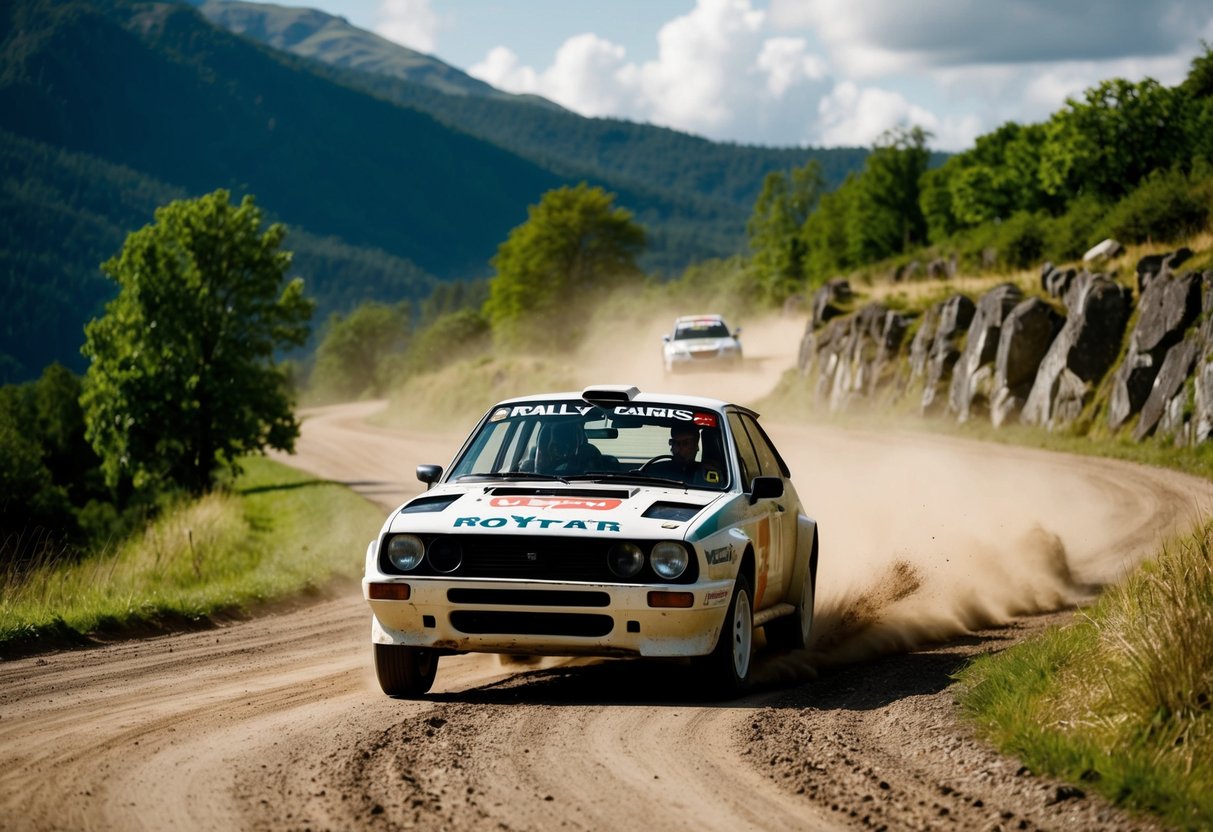 A rally car speeds through a winding dirt road, kicking up clouds of dust. The surrounding landscape is lush and mountainous, with trees and rocky outcroppings lining the path